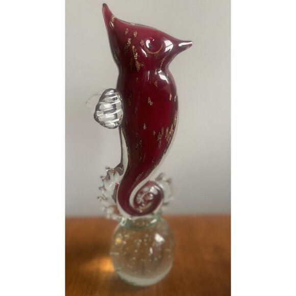 MURANO GOLD FLECK RED GLASS LARGE SEAHORSE SCULPTURE BUBBLE BULLICANTE 11" - Picture 5 of 11
